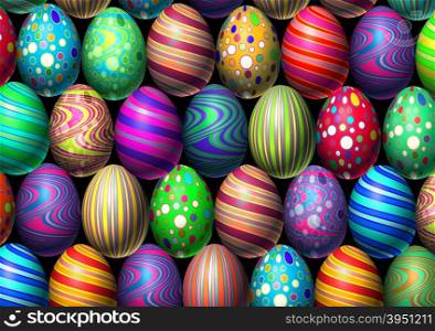 Easter egg background holiday eggs decoration with multi colored festive spring ovals in a celebration of traditional cultural easter egg hunt.