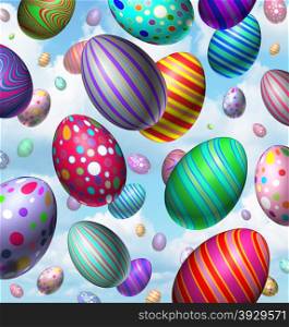 Easter egg celebration background with a group of three dimensional colorful vibrant eggs flying in the air falling from the sky as a symbol for the spring tradition of holiday fun.