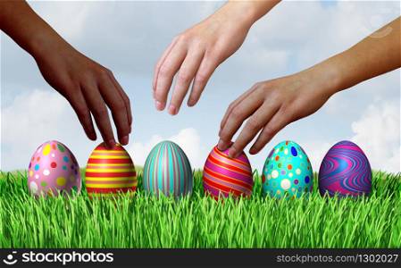 Easter Egg hunt diverse hands with easter eggs in a row sitting on green grass as a symbol of spring and the a holiday decoration and design element of the renewal season with 3D illustration elements.