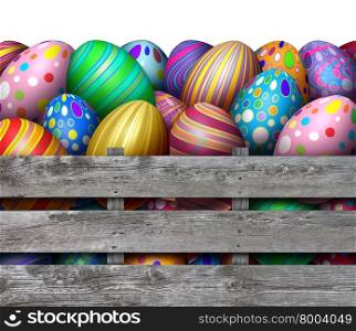 Easter egg hunt harvest as a group of decorated eggs in an old weathered wood crate box as a festive spring symbol for hunting holiday colorful painted oval gifts.