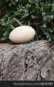 Easter egg of wood on a stone under the Christmas tree. Close-up, outdoors