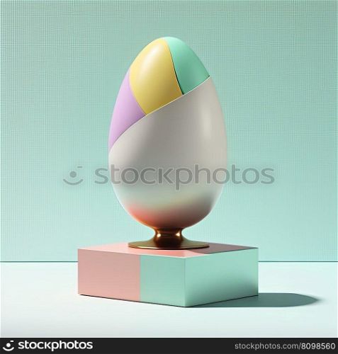 Easter egg on display podium with geometric ornate. Modern colorful creative design. 3D. Easter egg on display podium with colorful geometric ornate. 3D