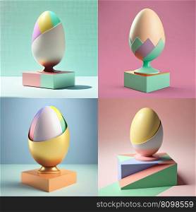 Easter egg set on display podium with geometric ornate. Modern colorful creative design. 3D. Easter egg set on display podium with colorful geometric ornate. 3D