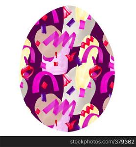 Easter egg with multi-colored spots. Abstract background with spots of pastel colors and geometric shapes, limited to egg shapes on a white background. Dark lilac background.. Easter egg with multi-colored spots.