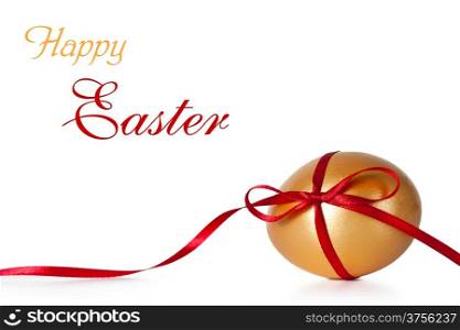 Easter egg with red ribbon on white background