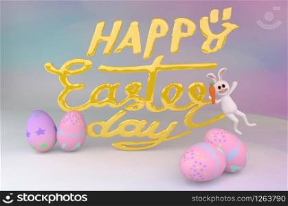 Easter eggs and cute bunny in Festive decoration. Happy Easter