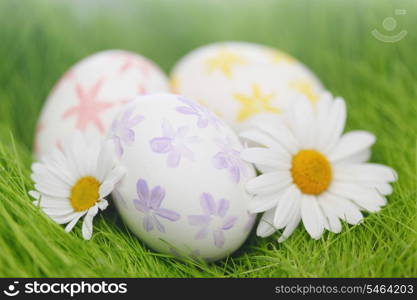 Easter eggs and flowers in fresh green grass