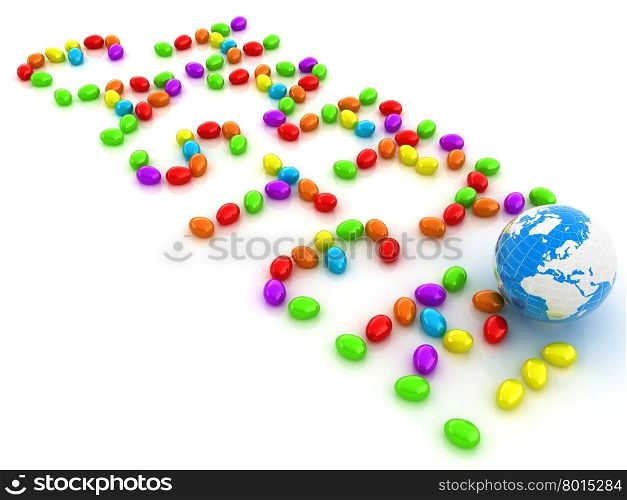 "Easter eggs as a "Happy Easter" greeting and Earth on white background"
