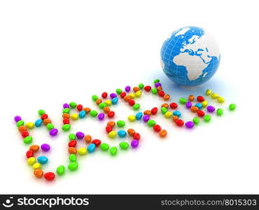 "Easter eggs as a "Happy Easter" greeting and Earth on white background"