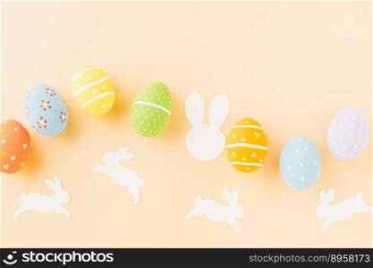 Easter eggs bunny and rabbit white paper cutting isolated on pastel background, Funny decoration, Festive composition banner web design holiday background, Happy Easter Day