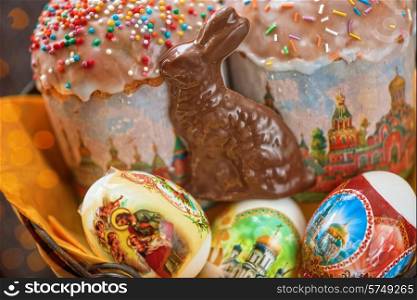 Easter eggs cake and bunny shape chocolate. Easter