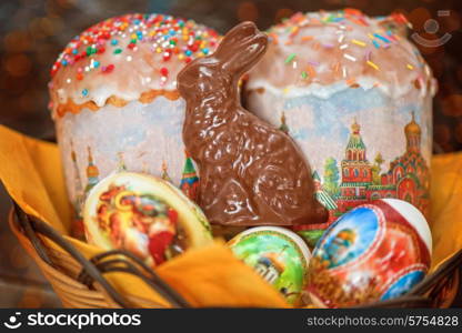 Easter eggs cake and bunny shape chocolate. Easter