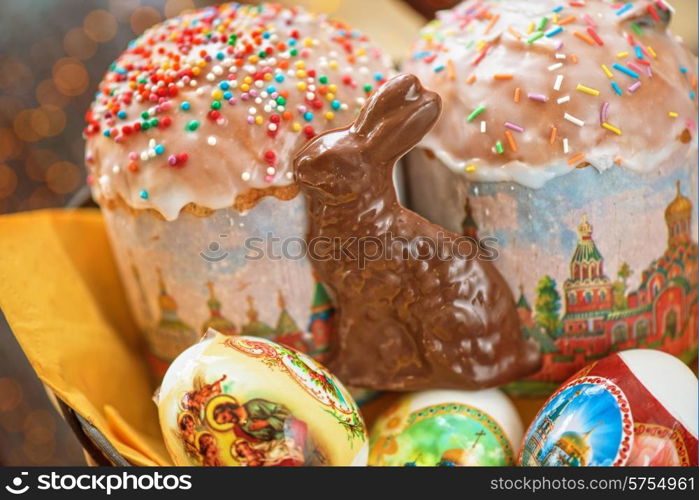 Easter eggs cake and bunny shape chocolate. Easter