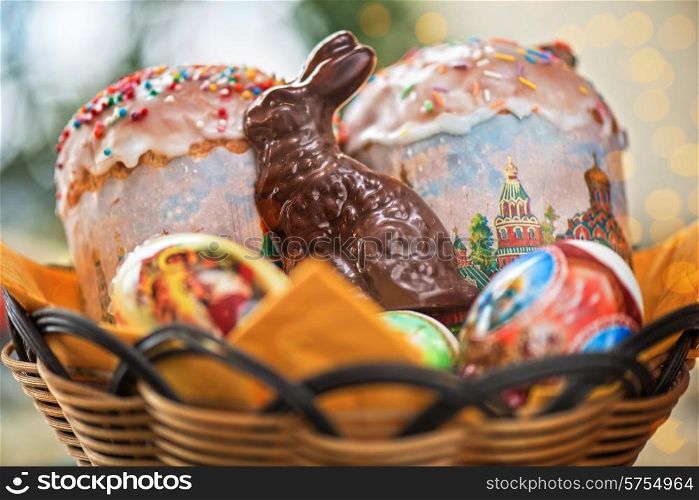 Easter eggs cake and bunny shape chocolate. Easter