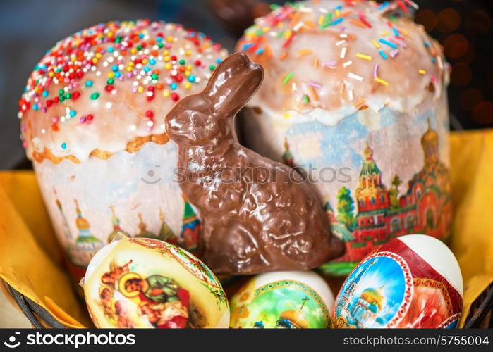 Easter eggs cake and bunny shape chocolate. Easter