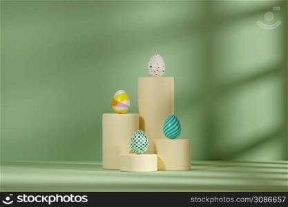 Easter eggs decorated on podiums, green background, spring April holidays card, 3d illustration