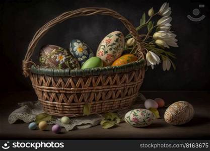Easter eggs in a basket decorated with flowers, AI Generative
