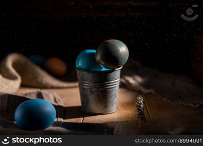 Easter eggs in a metal bucket.. Easter eggs in a metal bucket. holiday, spring