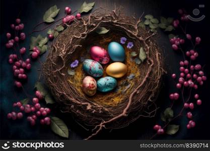 Easter eggs in a natural nest with bird eggs on a black background. View from above. Generative AI