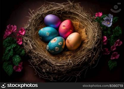 Easter eggs in a natural nest with bird eggs on a black background. View from above. Generative AI