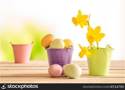 Easter eggs in a purple bucket in the easter