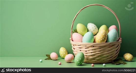 easter eggs in basket isolated on green background with copy space for spring holiday
