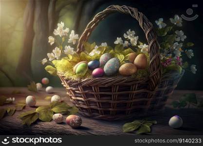 Easter Eggs In Basket On Aged Wooden Table In Spring Garden. Illustration Generative AI 