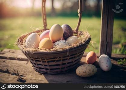 Easter Eggs In Basket On Aged Wooden Table In Spring Garden. Illustration Generative AI 