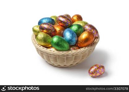 Easter eggs in colored foil in a basket