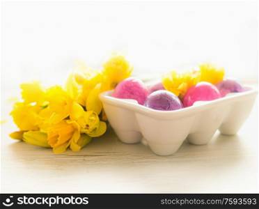 Easter eggs in holder with yellow daffodils at white background