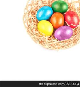 easter eggs in nest on white background