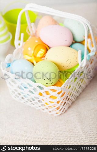Easter eggs in the white crochet basket. Easter basket