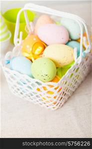 Easter eggs in the white crochet basket. Easter basket