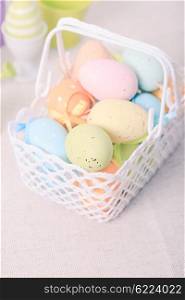 Easter eggs in the white crochet basket. The Easter basket