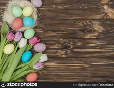 easter eggs nest with tulips table