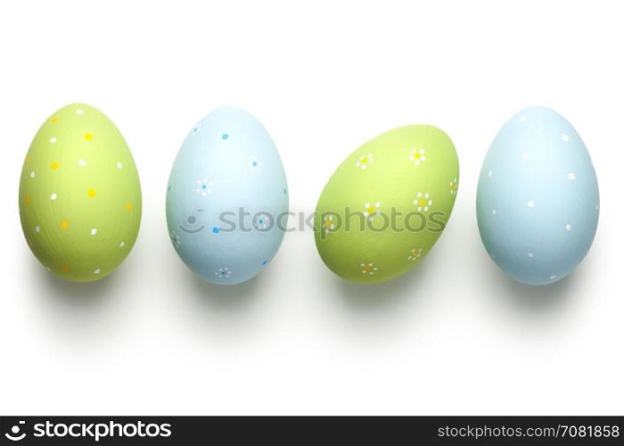 Easter eggs on white background. Easter concept. Top view