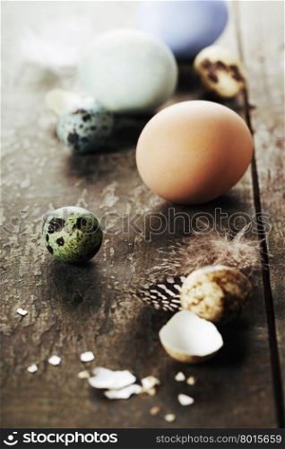 Easter eggs on wooden background - Easter composition