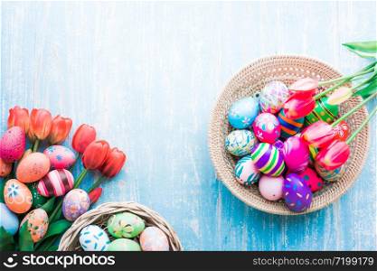 Easter eggs painted decoration with colourful on pastel background