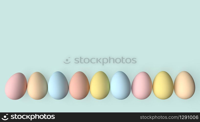 Easter eggs painted in pastel colors on a pastel green background. Easter background concept- 3d illustration.