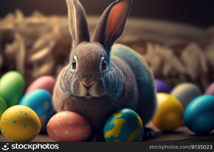 Easter Eggs Rabbit with Eggs Created with Generative AI Technology