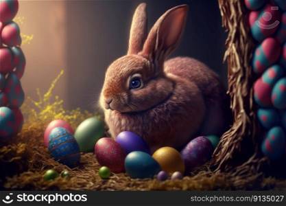 Easter Eggs Rabbit with Eggs Created with Generative AI Technology