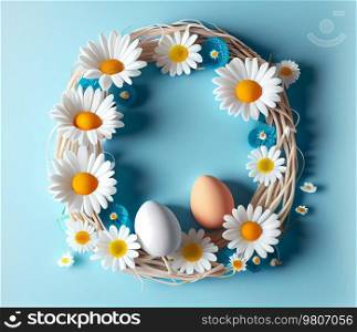 Easter eggs with chamomile flowers. Easter background. Illustration AI Generative