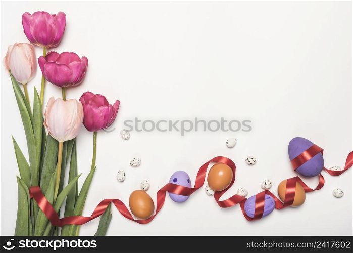 easter eggs with tulips table