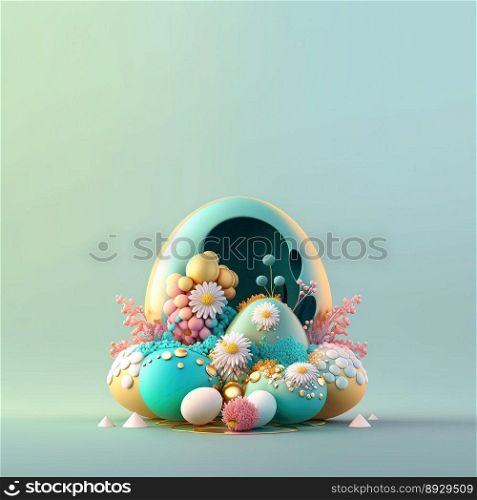 Easter Festive Background with Copy Space In Glosy 3D Eggs and Flower Ornaments