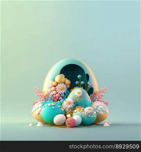 Easter Festive Background with Copy Space In Glosy 3D Eggs and Flower Ornaments