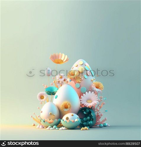 Easter Festive Background with Copy Space In Shiny 3D Eggs and Flower Ornaments