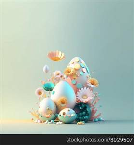 Easter Festive Background with Copy Space In Shiny 3D Eggs and Flower Ornaments