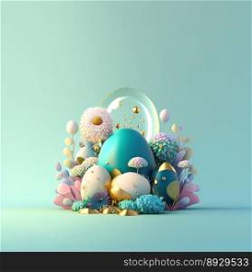 Easter Festive Background with Glosy 3D Eggs and Flowers