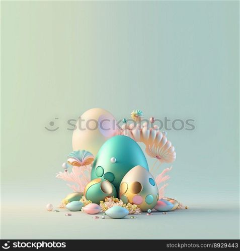 Easter Festive Background with Shiny 3D Eggs and Flower Ornaments
