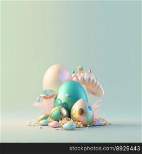 Easter Festive Background with Shiny 3D Eggs and Flower Ornaments